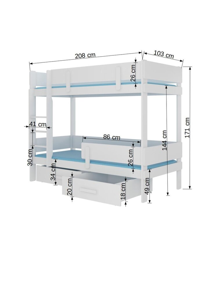 Narivoodi Adrk Furniture Etiona koos madratsiga, 90x200 cm, valge/must hind ja info | Lastevoodid | kaup24.ee