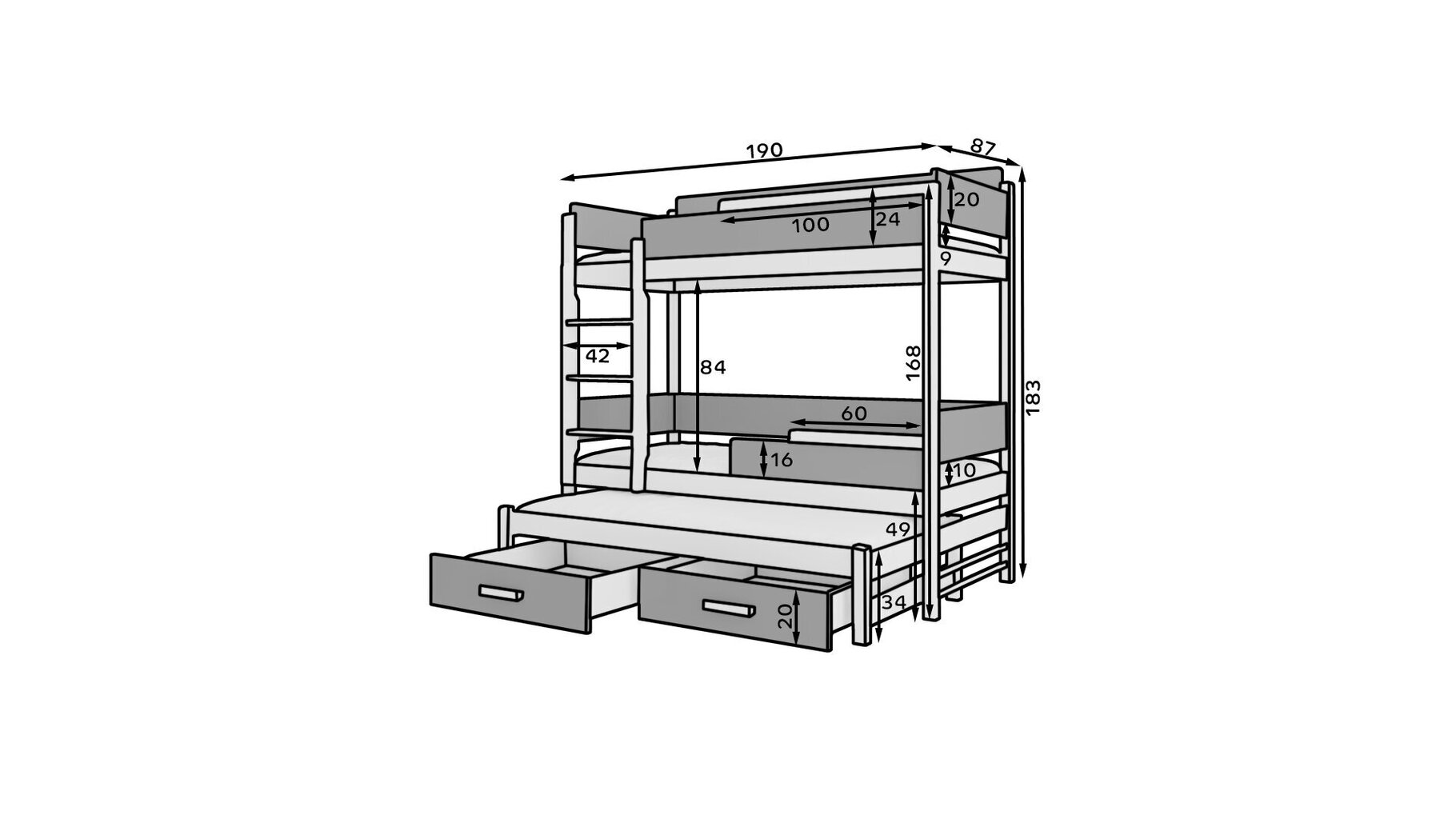 Narivoodi Adrk Furniture Queen koos madratsitega, 80x180 cm, valge/hall hind ja info | Lastevoodid | kaup24.ee