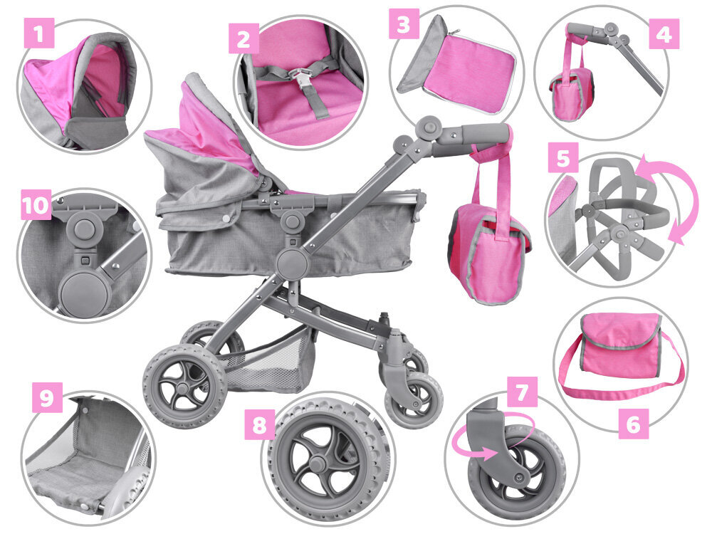 Multifunktsionaalne nukukäru 4in1, roosa/hall цена и информация | Tüdrukute mänguasjad | kaup24.ee