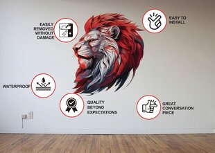 Kübertehnoloogiline Lõvi Pea Seinakleebis - Punase Mähisega Futuristlik Lõvi Seinakleebis - 120 x 120 cm hind ja info | Seinakleebised | kaup24.ee
