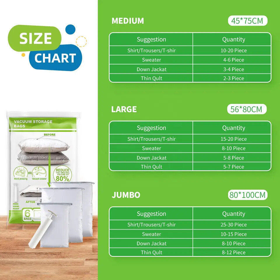 Pumbaga vaakumkotid riietele, 3 suurust, 6 tk. hind ja info | Riidepuud ja -kotid | kaup24.ee