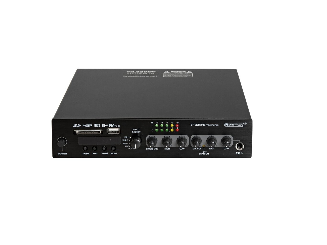 Omnitronic EP-220PS eelvõimendi MP3-mängija, Bluetoothi ja FM-raadioga 9,5" цена и информация | Koduaudio ja "Soundbar" süsteemid | kaup24.ee