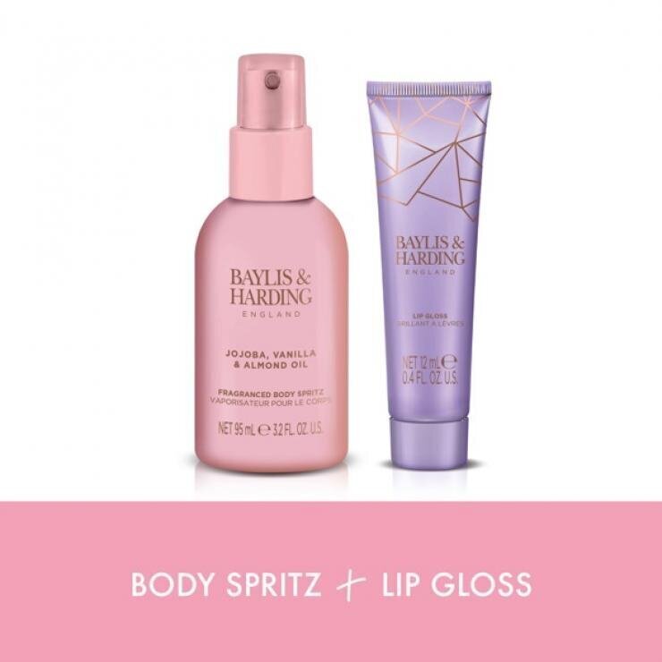 Kinkekomplekt naistele Baylis & Harding Jojoba, Vanilla & Almond Oil Luxury Instant Glam: kehasprei 95 ml + huuleläige 12 ml hind ja info | Lõhnastatud kosmeetika naistele | kaup24.ee