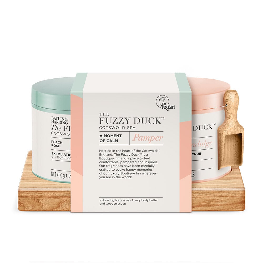 Kinkekomplekt naistele Baylis & Harding The Fuzzy Duck Cotswold Spa A Moment of Calm: vannikristallid 400g + kehavõi 400g + puidust kühvel hind ja info | Kehakreemid, losjoonid | kaup24.ee