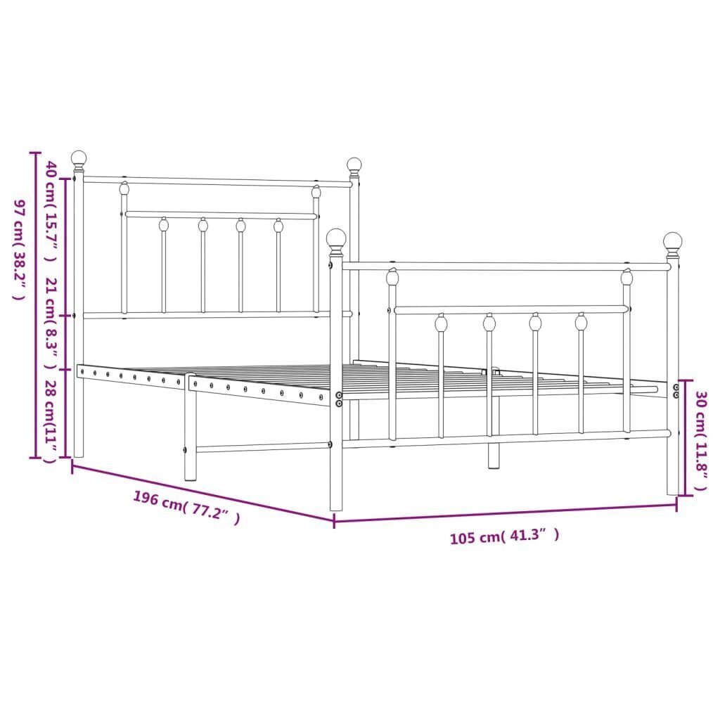 vidaXL metallist voodiraam peatsi ja jalutsiga, valge, 100x190 cm hind ja info | Voodid | kaup24.ee