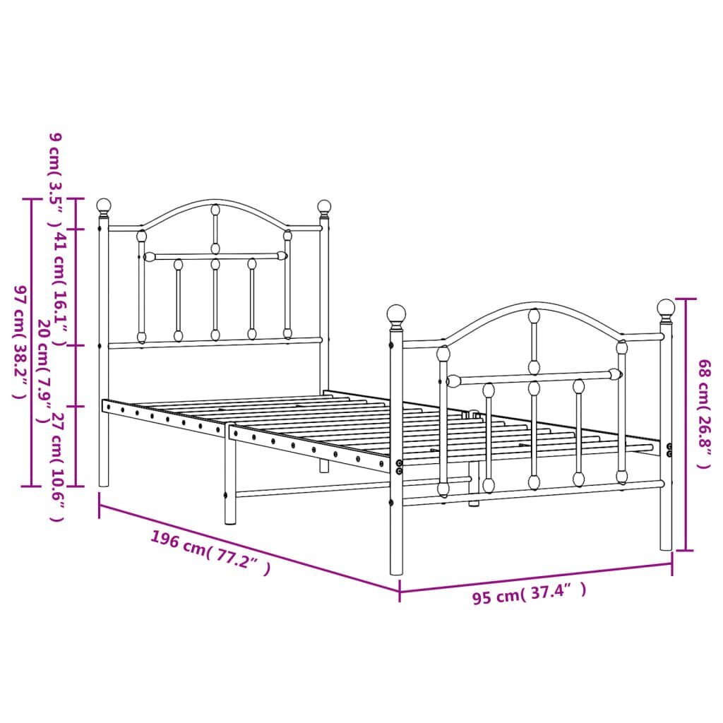 vidaXL metallist voodiraam peatsi ja jalutsiga, valge, 90 x 190 cm цена и информация | Voodid | kaup24.ee