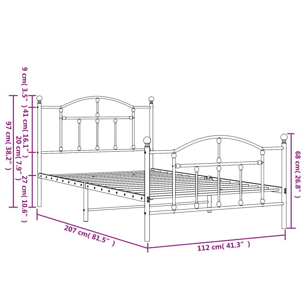 vidaXL metallist voodiraam peatsi ja jalutsiga, valge, 107x203 cm цена и информация | Voodid | kaup24.ee