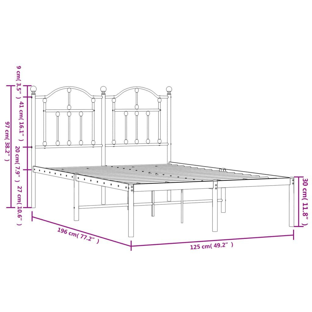 vidaXL metallist voodiraam peatsiga, valge, 120x190 cm цена и информация | Voodid | kaup24.ee