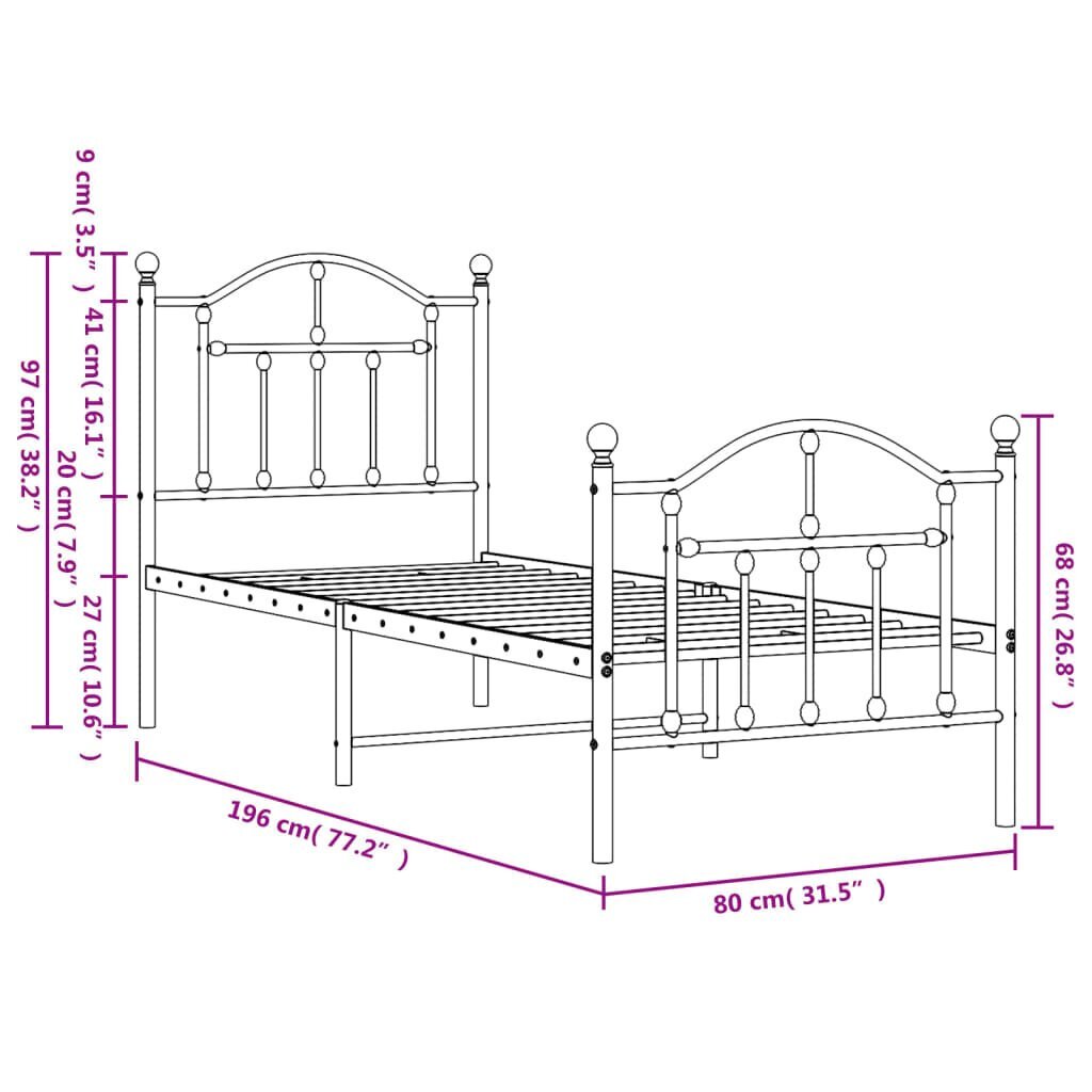 vidaXL metallist voodiraam peatsi ja jalutsiga, valge, 75x190 cm hind ja info | Voodid | kaup24.ee