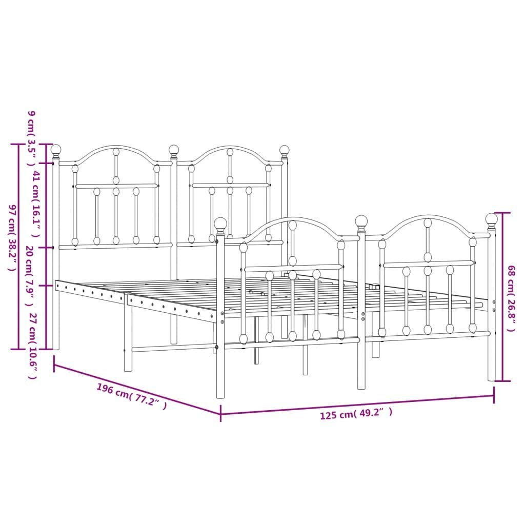 vidaXL metallist voodiraam peatsi ja jalutsiga, valge, 120 x 190 cm hind ja info | Voodid | kaup24.ee