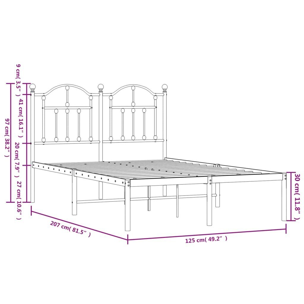 vidaXL metallist voodiraam peatsiga, valge, 120 x 200 cm hind ja info | Voodid | kaup24.ee