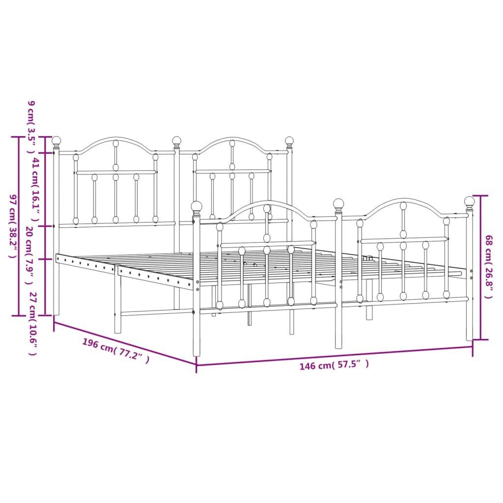 vidaXL metallist voodiraam peatsi ja jalutsiga, valge, 140 x 190 cm hind ja info | Voodid | kaup24.ee