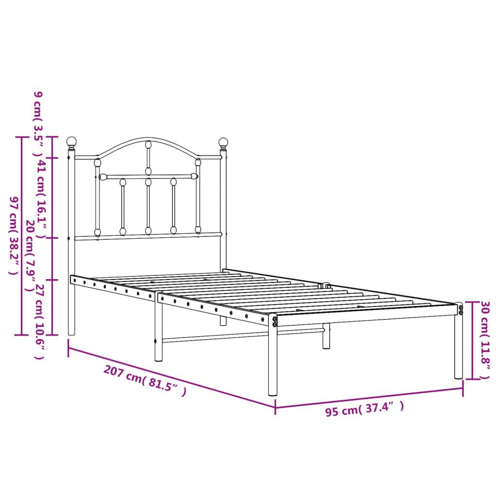 vidaXL metallist voodiraam peatsiga, valge, 90 x 200 cm hind ja info | Voodid | kaup24.ee