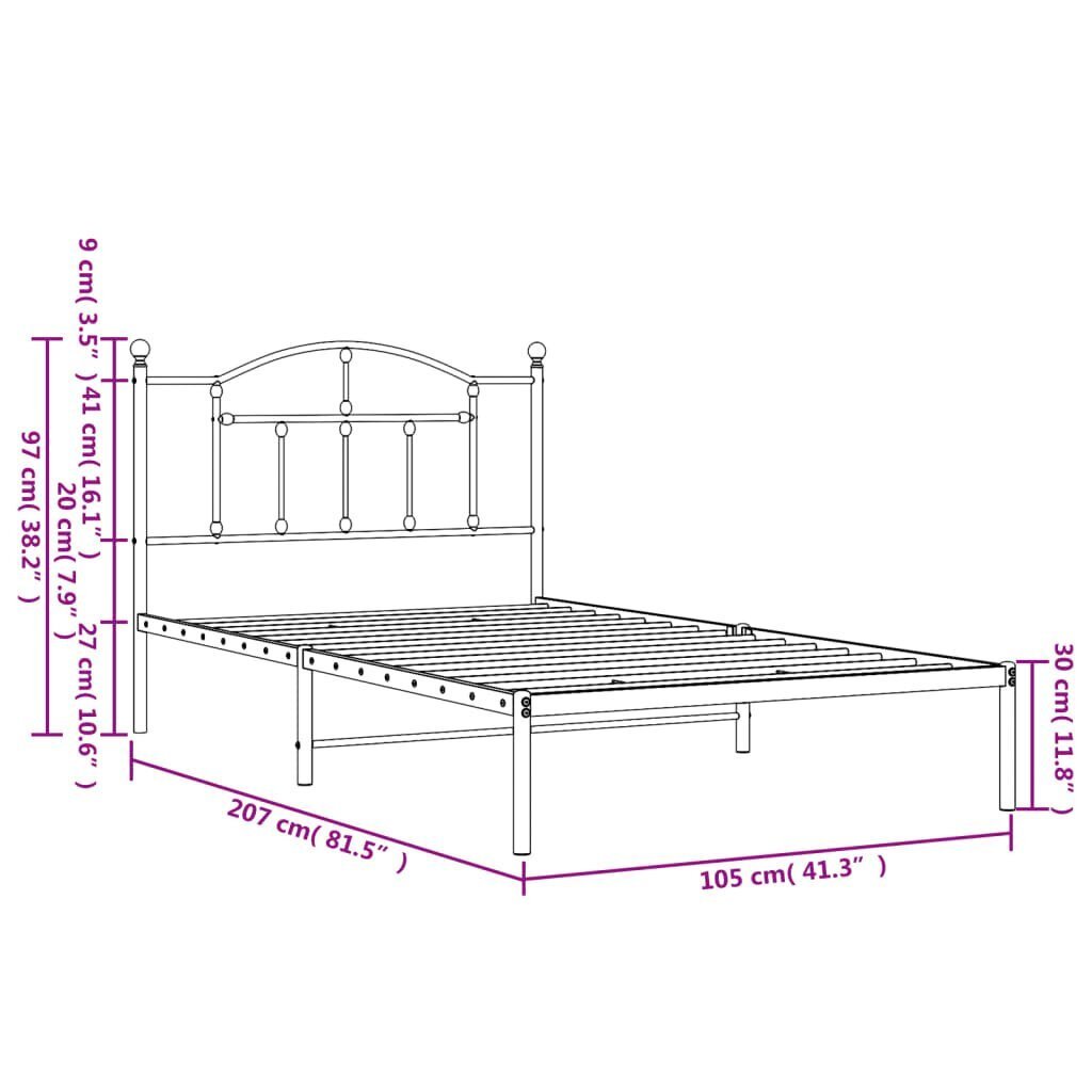 vidaXL metallist voodiraam peatsiga, valge, 100x200 cm hind ja info | Voodid | kaup24.ee