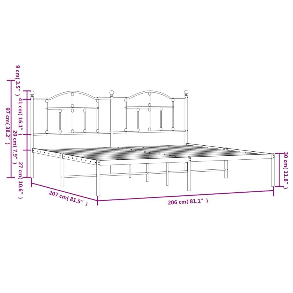 vidaXL metallist voodiraam peatsiga, valge, 200x200 cm hind ja info | Voodid | kaup24.ee