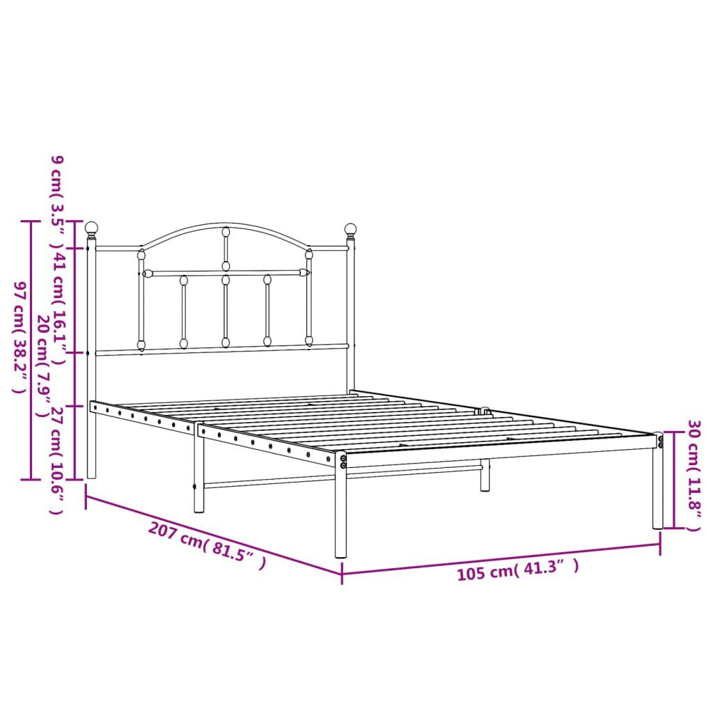 vidaXL metallist voodiraam peatsiga, must, 100x200 cm hind ja info | Voodid | kaup24.ee