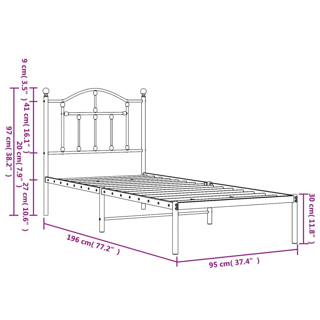 vidaXL metallist voodiraam peatsiga, must, 90 x 190 cm hind ja info | Voodid | kaup24.ee