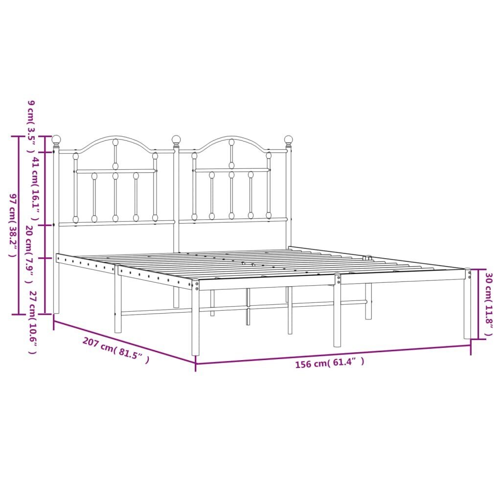 vidaXL metallist voodiraam peatsiga, valge, 150x200 cm hind ja info | Voodid | kaup24.ee