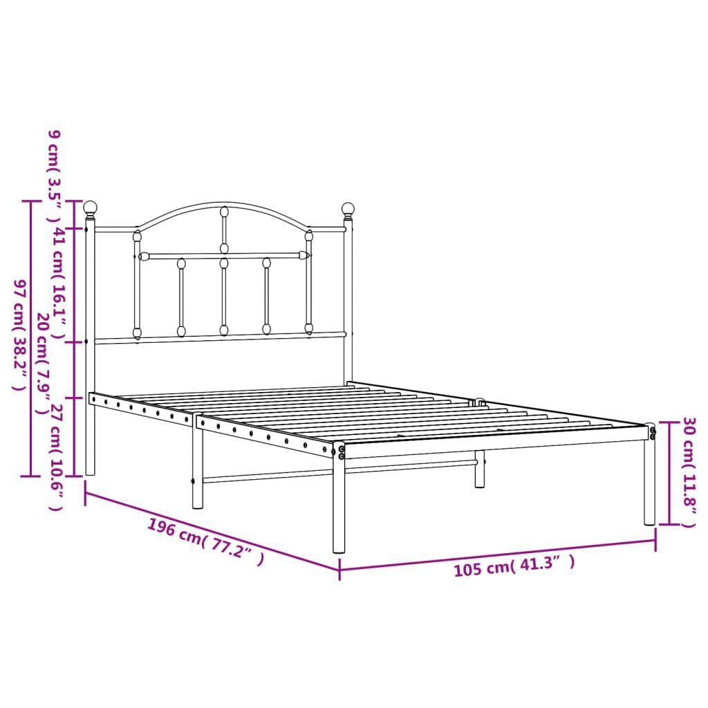 vidaXL metallist voodiraam peatsiga, must, 100x190 cm цена и информация | Voodid | kaup24.ee