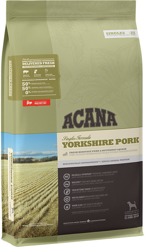Acana Singles Yorkshire Pork koos sealihaga, 11,4 kg hind ja info | Kuivtoit koertele | kaup24.ee