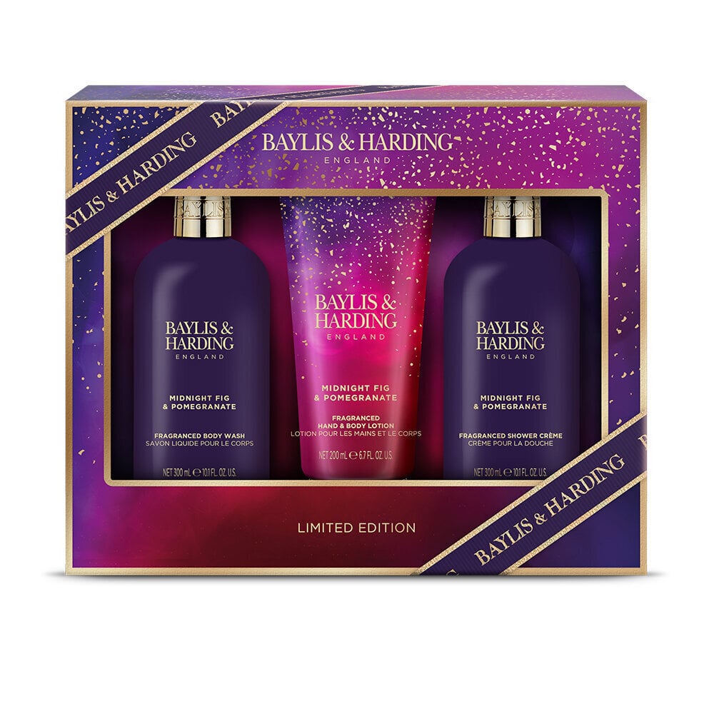 Kinkekomplekt naistele Baylis & Harding Midnight Fig & Pomegranate Luxury Bathing Essentials: kehapesuvahend 300 ml + dušikreem 300 ml + käte- ja kehalosjoon 200 ml hind ja info | Dušigeelid, õlid | kaup24.ee