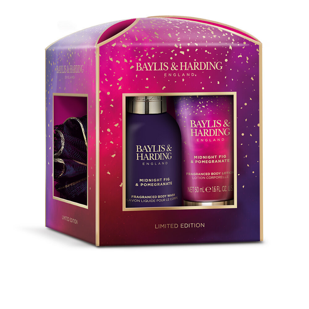 Kinkekomplekt naistele Baylis & Harding Midnight Fig & Pomegranate Luxury Essentials Treat Box: kehapesuvahend 100 ml + ihupiim 50 ml + pesunuustik hind ja info | Dušigeelid, õlid | kaup24.ee