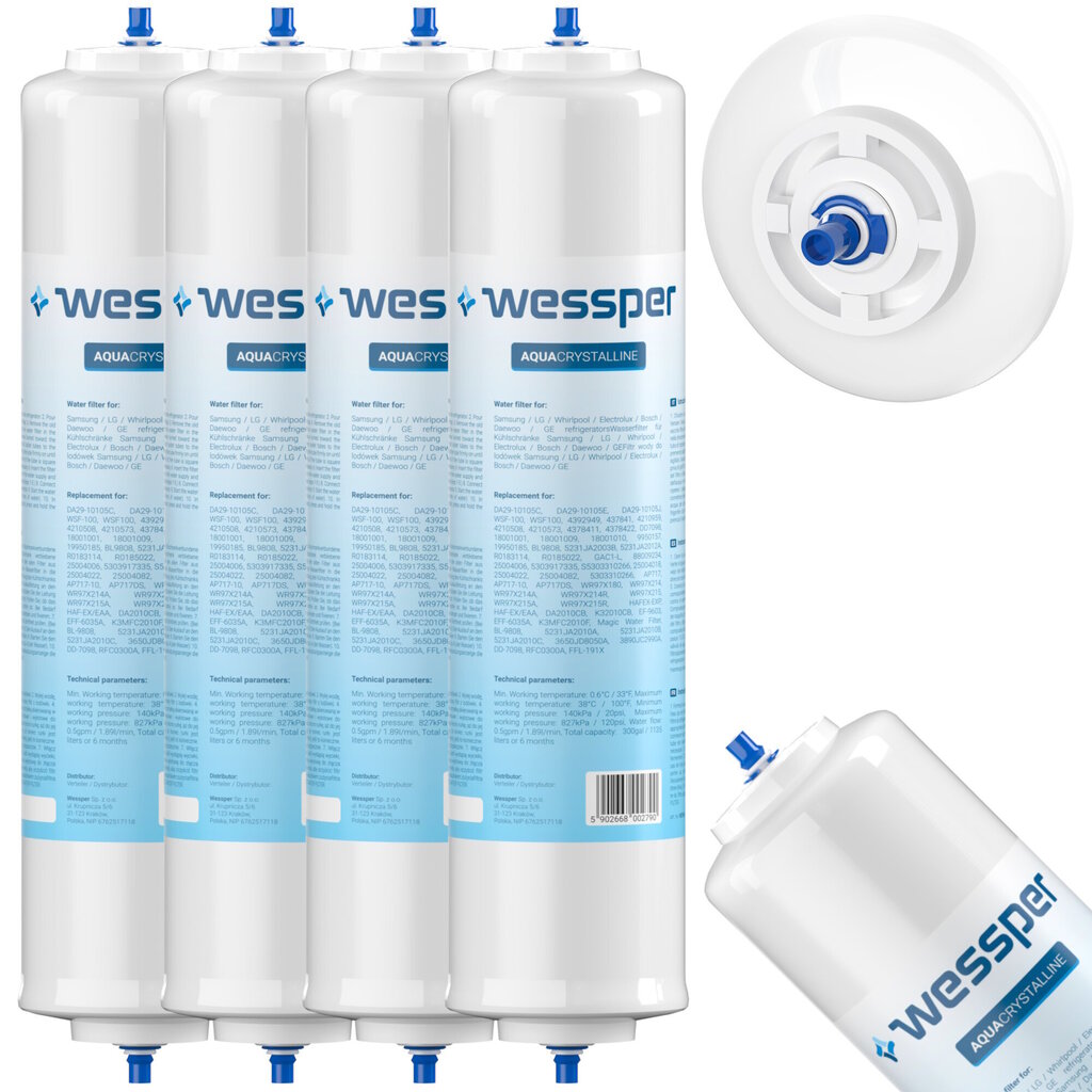 4x Wessper Aqua Crystalline veefilter Samsung, Bosch, Siemens, LG külmikutele цена и информация | Filterkannud ja filtrid | kaup24.ee