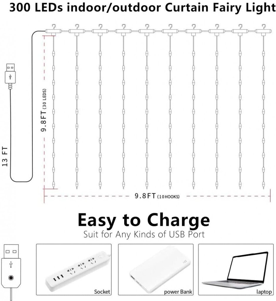 300 LED valguskardin, 3x3m цена и информация | Jõulukaunistused | kaup24.ee