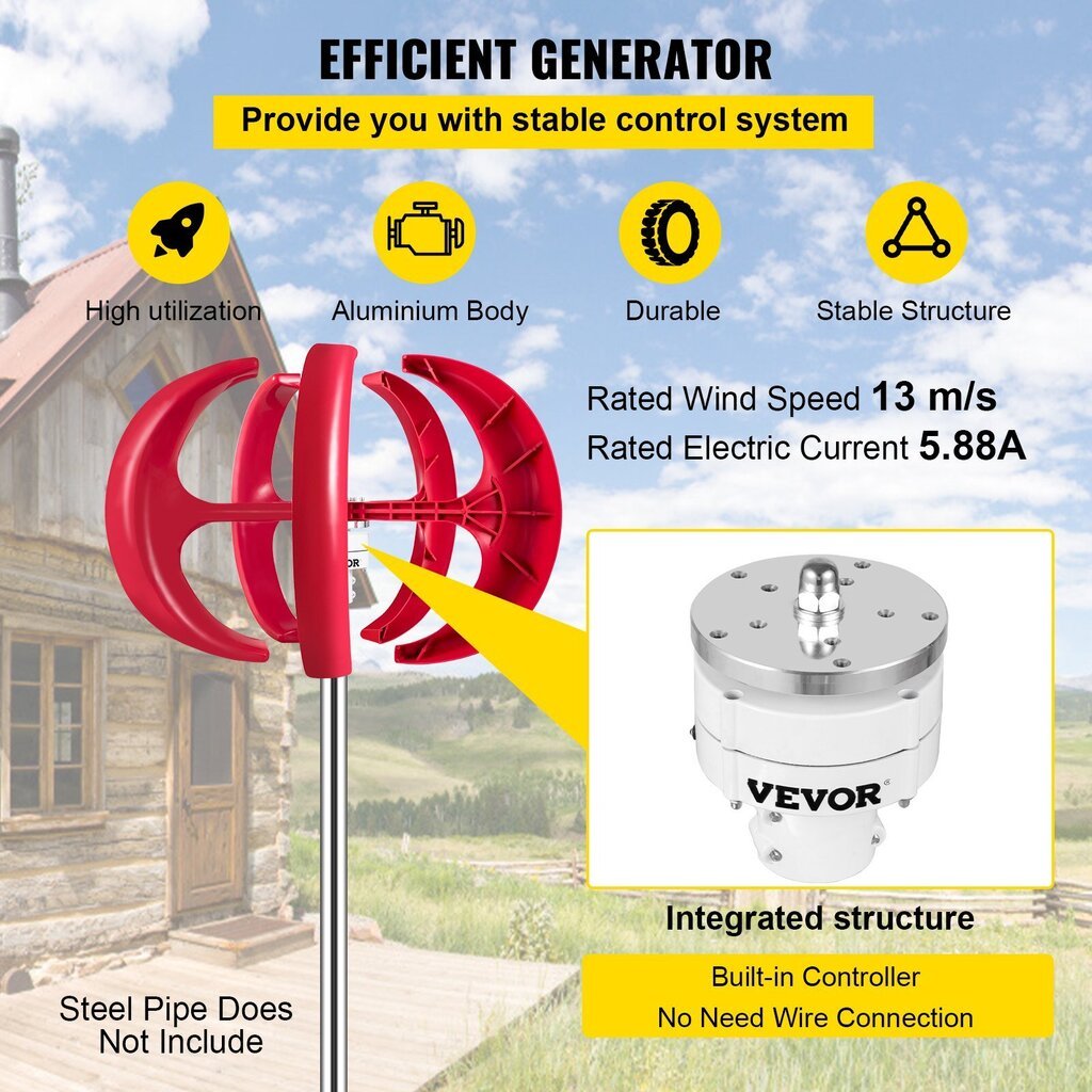 Vertikaalne tuulegeneraator, generaator Vevor 12V, 100W hind ja info | Generaatorid | kaup24.ee