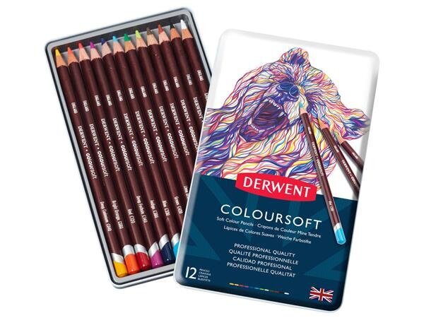 Värvipliiats Derwent Coloursoft 12tk metallkarbis hind ja info | Kunstitarbed, voolimise tarvikud | kaup24.ee
