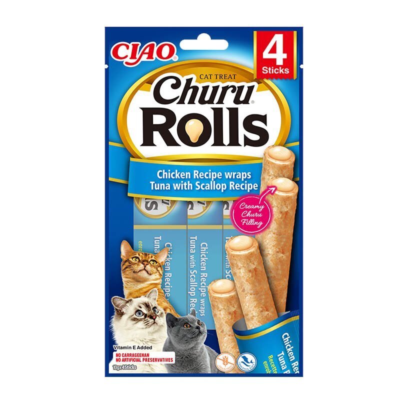 Churu Rolls maius kassidele kana, tuunikala ja kammkarbiga 4x10g цена и информация | Maiustused kassidele | kaup24.ee