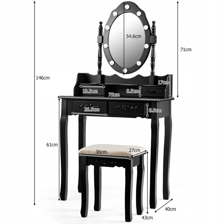 Kosmeetiline tualettlaud LED peegli ja taburetiga hind ja info | Tualettlauad | kaup24.ee