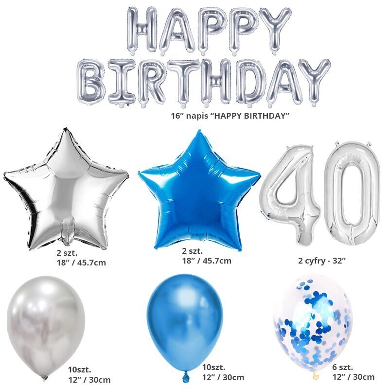 40. sünnipäeva õhupallide komplekt - hõbe - sinine 45 tk. hind ja info | Õhupallid | kaup24.ee