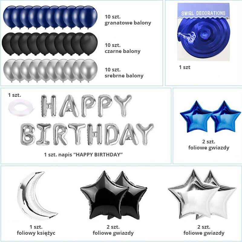 Sünnipäeva õhupalli komplekt, must, mereväe sinine цена и информация | Õhupallid | kaup24.ee