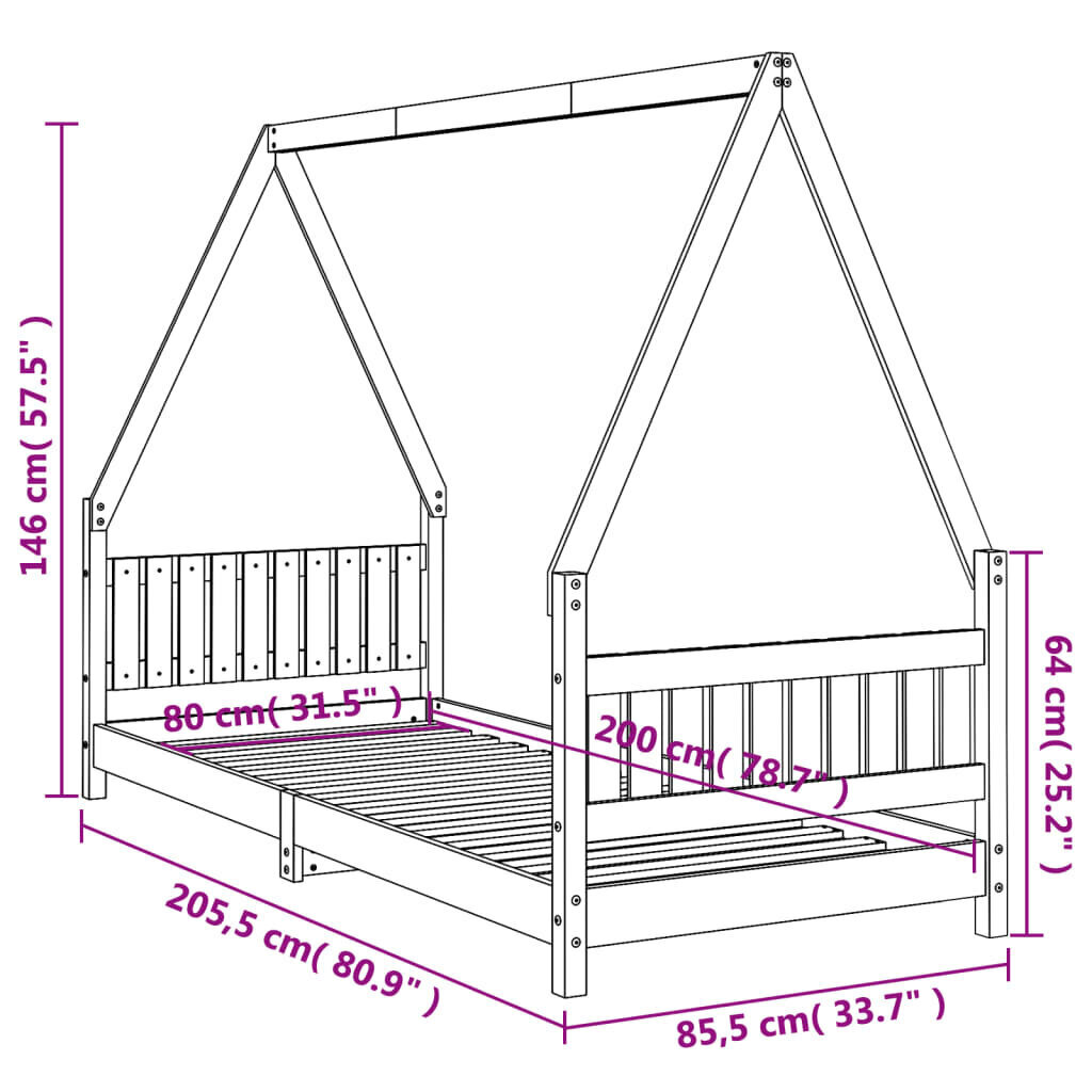 Lastevoodi raam vidaXL, valge, 80 x 200 cm hind ja info | Lastevoodid | kaup24.ee