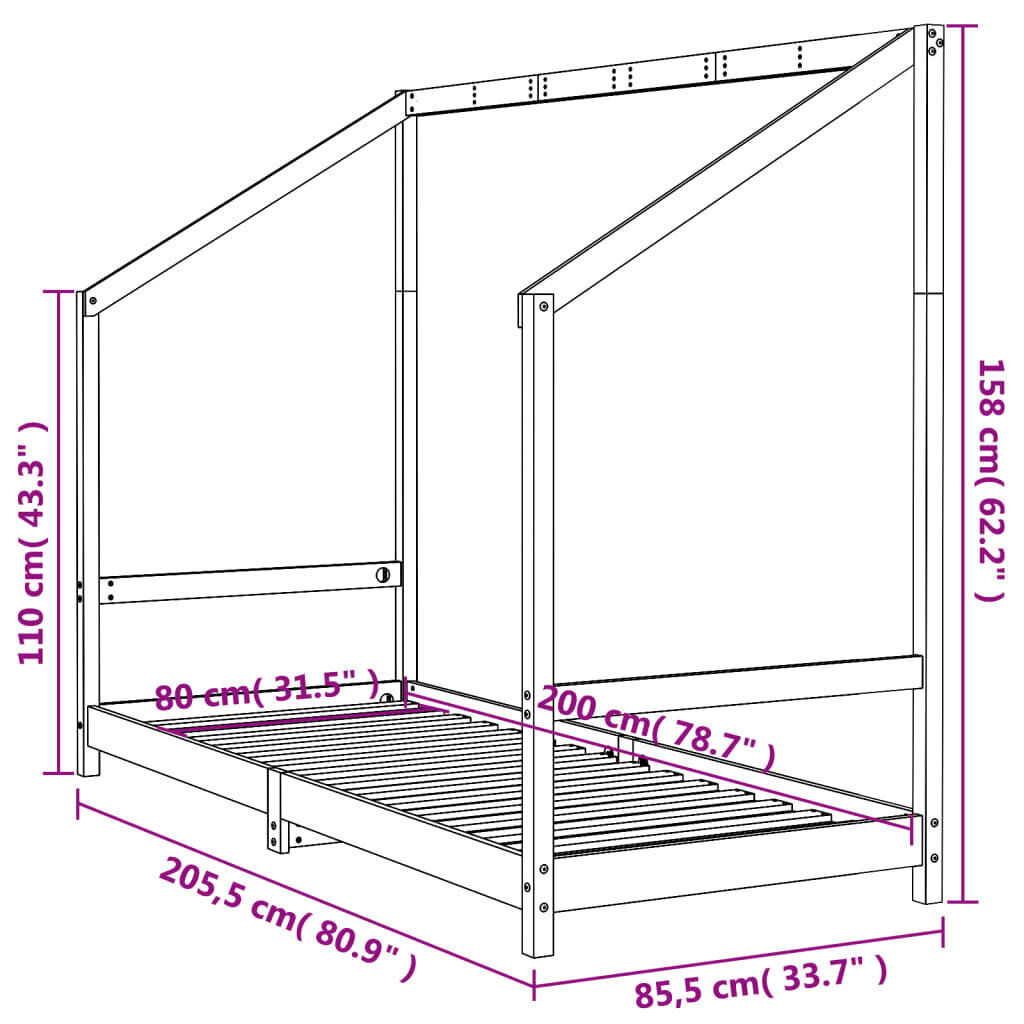 Lastevoodi raam vidaXL, must, 80 x 200 cm цена и информация | Lastevoodid | kaup24.ee