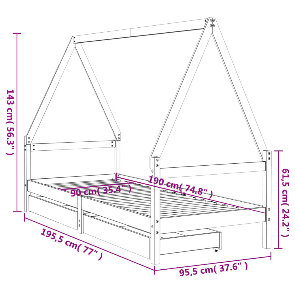 Lastevoodi raam sahtlitega vidaXL, valge, 90 x 190 cm hind ja info | Lastevoodid | kaup24.ee