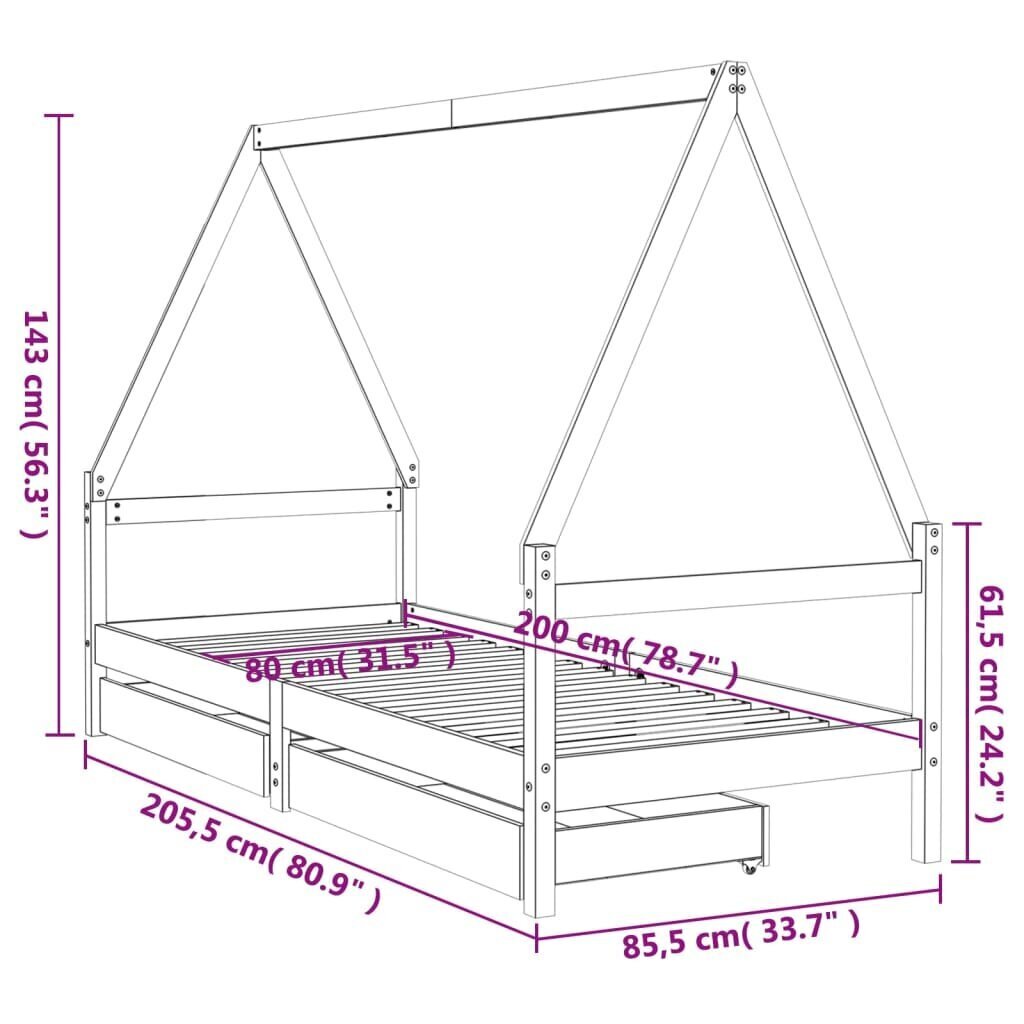 Lastevoodi raam sahtlitega vidaXL, 80 x 200 cm, pruun hind ja info | Lastevoodid | kaup24.ee