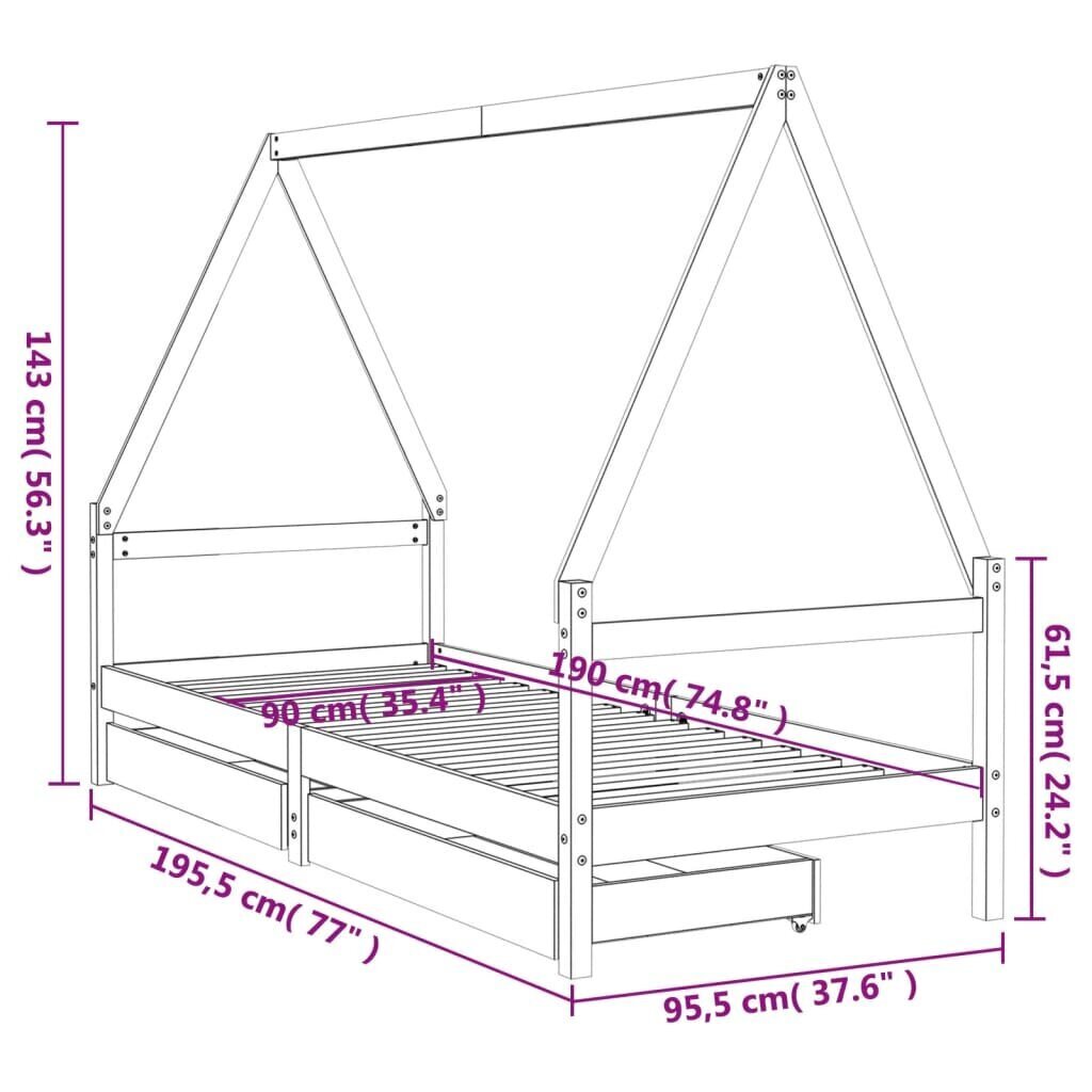 Lastevoodi raam sahtlitega vidaXL, 90 x 190 cm, pruun hind ja info | Lastevoodid | kaup24.ee