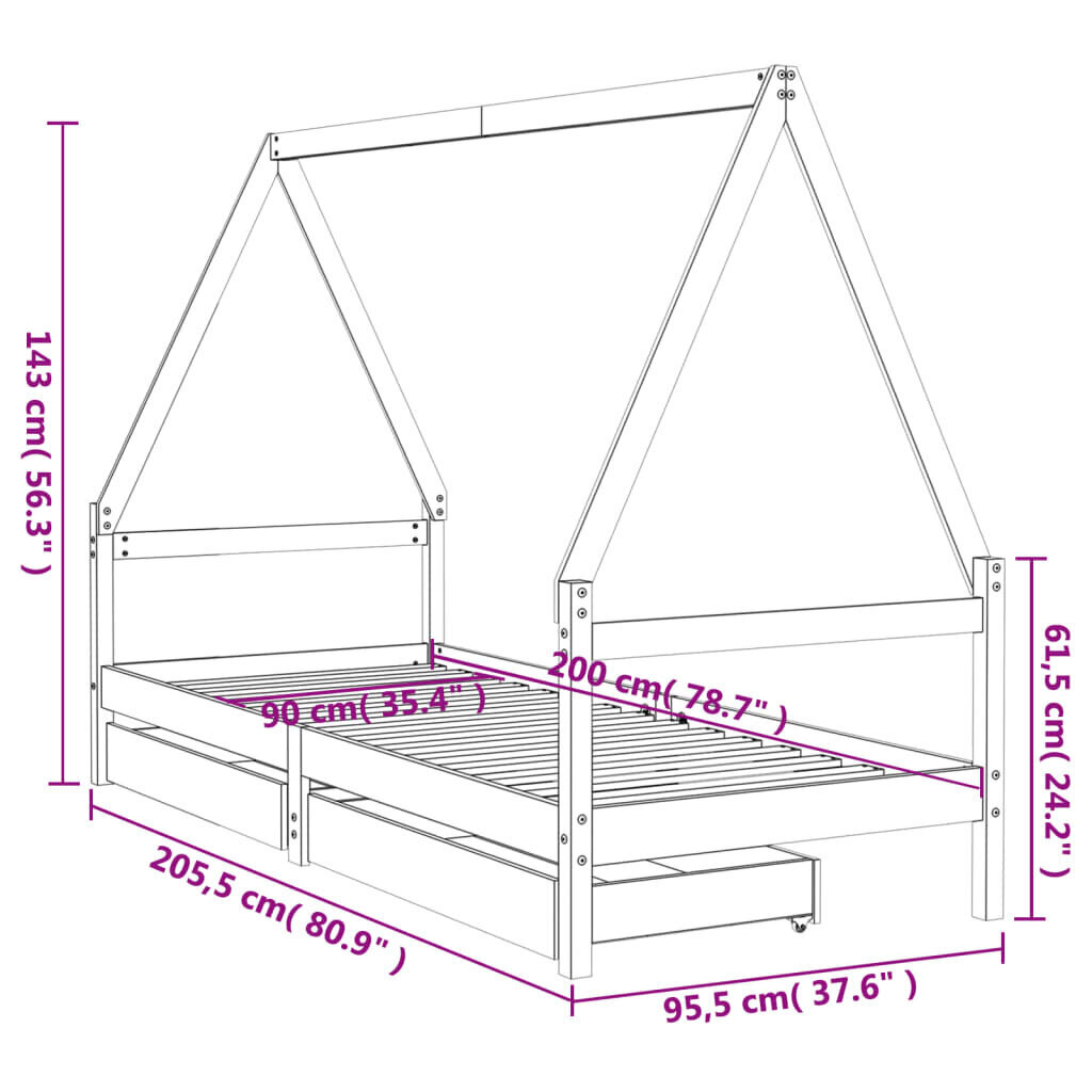 Lastevoodi raam sahtlitega vidaXL, must, 90 x 200 cm hind ja info | Lastevoodid | kaup24.ee