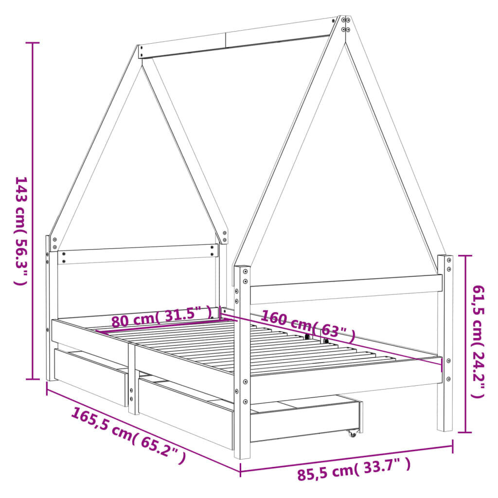 Lastevoodi raam sahtlitega vidaXL, 80 x 160 cm, pruun hind ja info | Lastevoodid | kaup24.ee