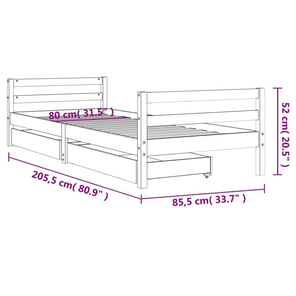 Lastevoodi raam sahtlitega vidaXL, 80 x 200 cm, pruun цена и информация | Lastevoodid | kaup24.ee