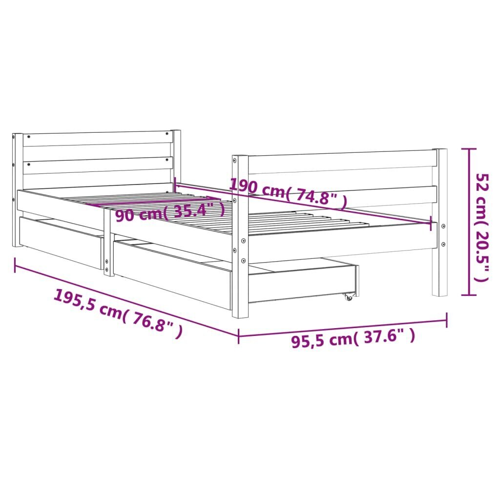 Lastevoodi raam sahtlitega vidaXL, valge, 90 x 190 cm цена и информация | Lastevoodid | kaup24.ee