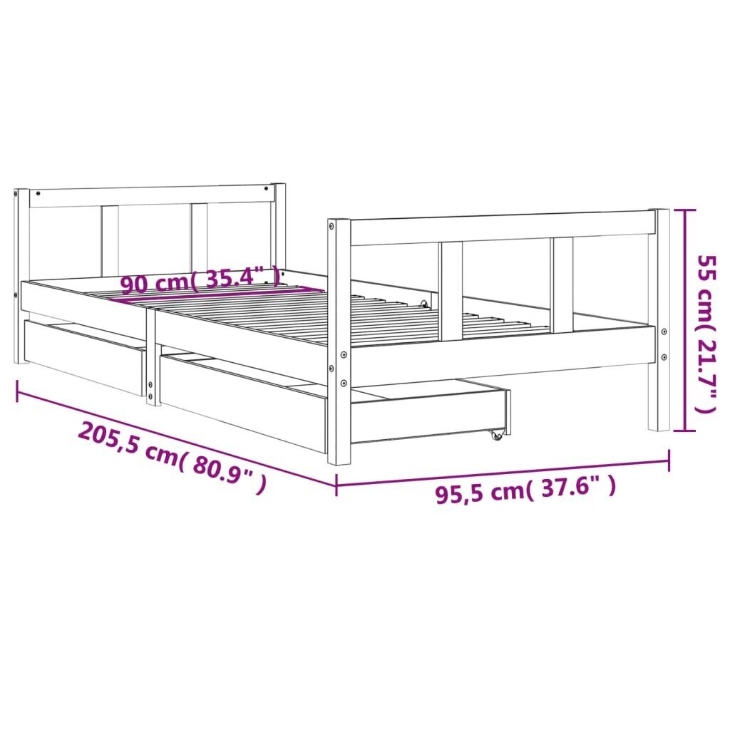 Lastevoodi raam sahtlitega vidaXL, 90 x 200 cm, pruun hind ja info | Lastevoodid | kaup24.ee