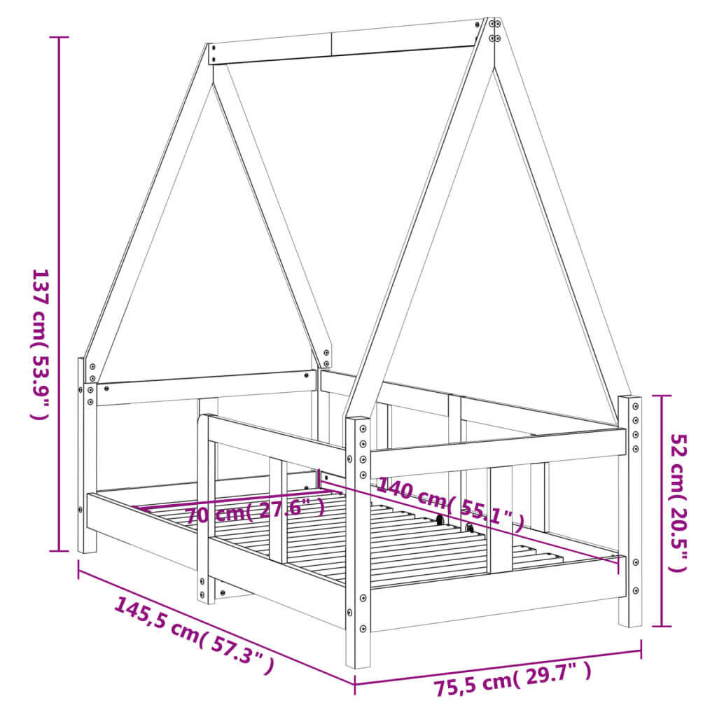 Lastevoodi raam vidaXL, must, 70 x 140 cm hind ja info | Lastevoodid | kaup24.ee