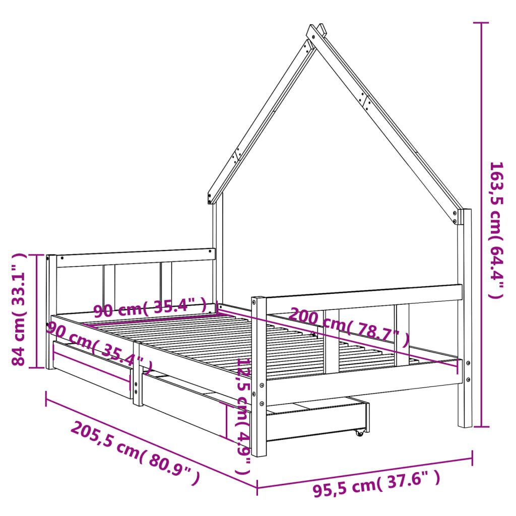 Lastevoodi raam sahtlitega vidaXL, 90 x 200 cm, pruun hind ja info | Lastevoodid | kaup24.ee