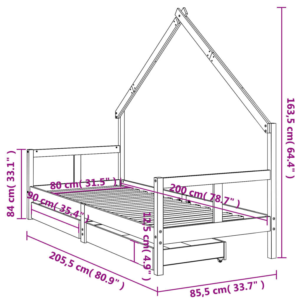 Lastevoodi raam sahtlitega vidaXL, 80 x 200 cm, pruun hind ja info | Lastevoodid | kaup24.ee