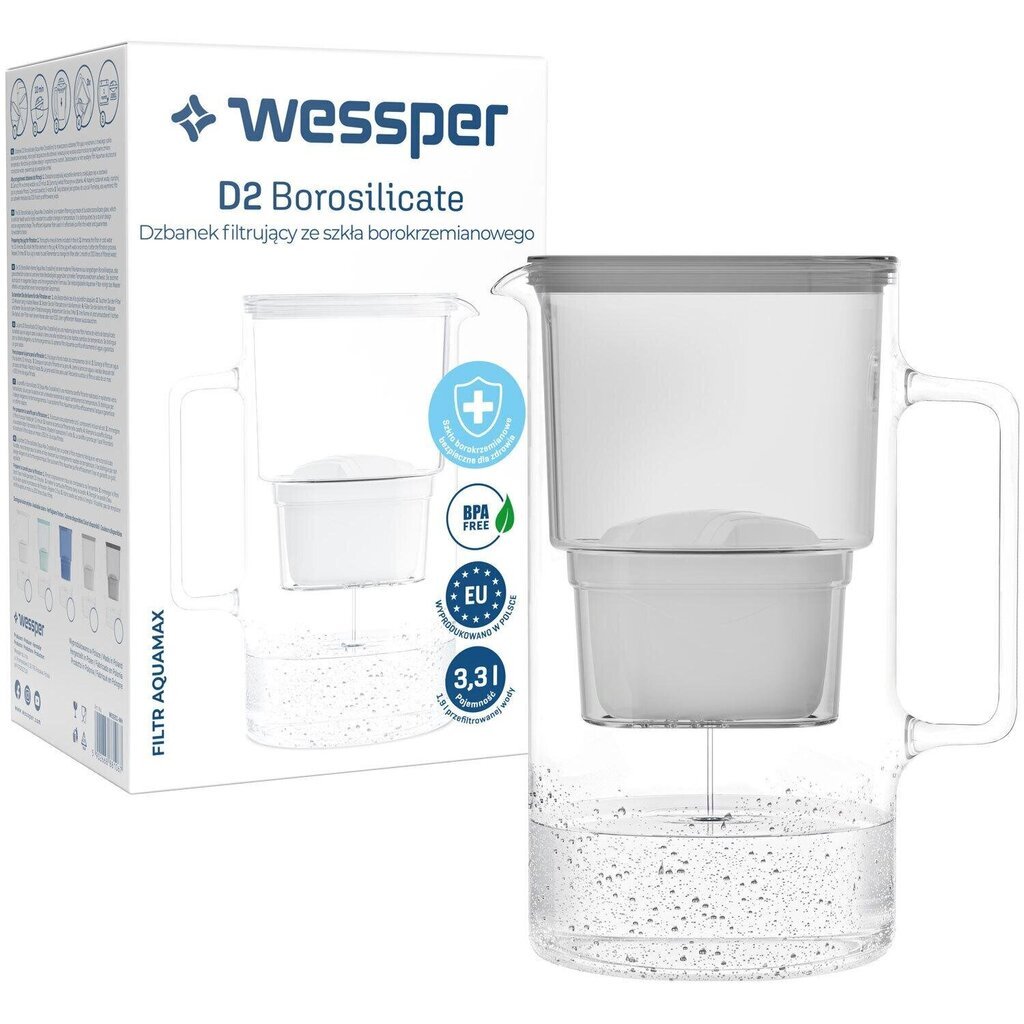 "Wessper AquaMax D2" borsilikaatklaasist kannu 3,3 l hall hind ja info | Filterkannud ja filtrid | kaup24.ee