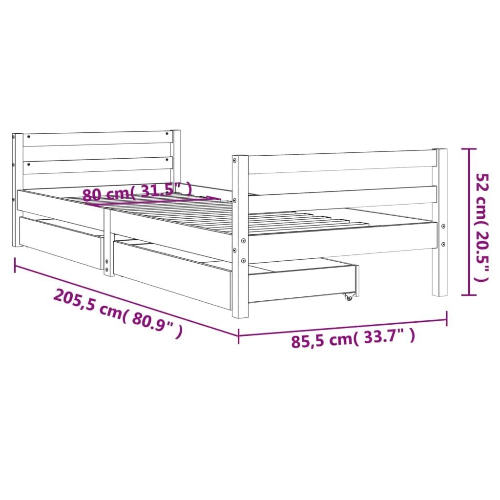 Lastevoodi raam sahtlitega vidaXL, valge, 80 x 200 cm hind ja info | Lastevoodid | kaup24.ee