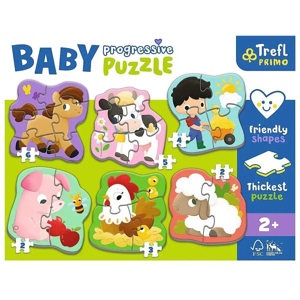 Описание Ферма — пазл из серии Baby Progressive Puzzle представляет собой  набор из шести больших фигурных пазлов, изготовленных из плотного картона.  Удобная форма элементов делает пазлы безопасными и идеально помещаются в  маленькую